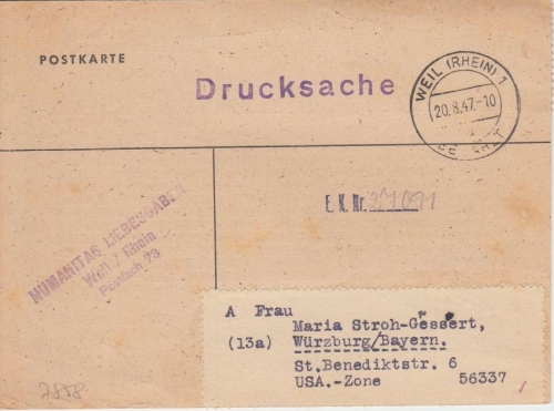 All.Bes. - Weil (Rhein) 1 Bezahlt Drucksachenkarte (Humanitas Liebesgaben) 1947