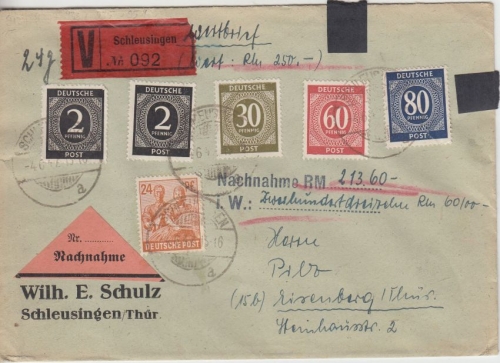 All.Bes./Kontrollrat - 80 Pfg. Ziffer u.a. Nachnahme Wertbrief Schleusingen 1947