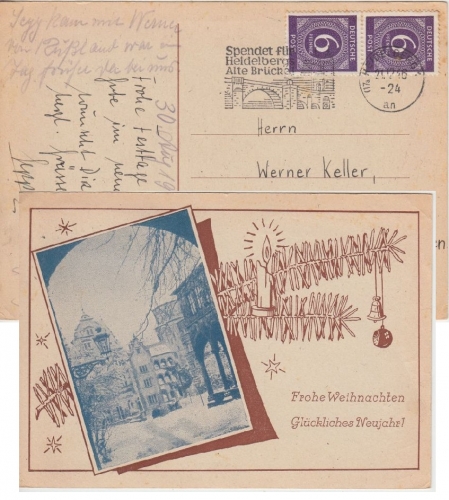All.Bes./Kontrollrat - 2x6 Pfg Ziffer Weihnachtskarte Heidelberg Hohenstadt 1946