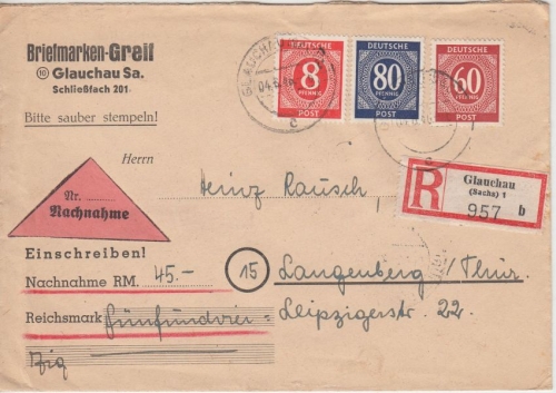 All.Bes./Kontrollrat 80 Pfg Ziffer u.a. Nachnahme Einschreibebrief Glauchau 1946