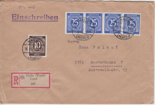 All.Bes./Kontrollrat 25 Pfg Ziffer 4er-Streifen u.a. Einschreibebrief Halle 1947