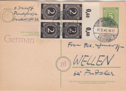 All.Bes./Kontrollrat - 2Pfg. Ziffer 4er-Block Oberrand/Platte FFM-Niederrad 1946