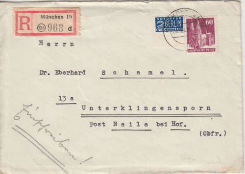 Bizone - 60 Pfg. Bauten Einschreibebrief München 19 - Unterklingensporn 1948