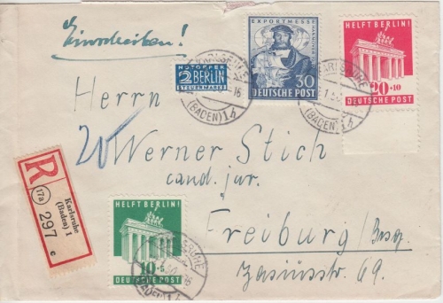 Bizone - 10+20 Pfg. Berlin-Hilfe u.a. Einschreibebrief Karlsruhe - Freiburg 1950