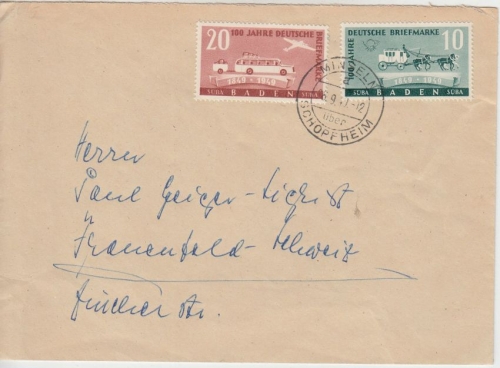 FZ/Baden - 10+20 Pfg. 100 J. Dt. Briefmarke Brief i.d. SCHWEIZ 1949