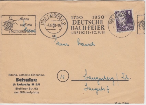 SBZ - Leipzig 1950 Bach-Feier/Kartoffelkäfer Masch.werbestempel Drucksache