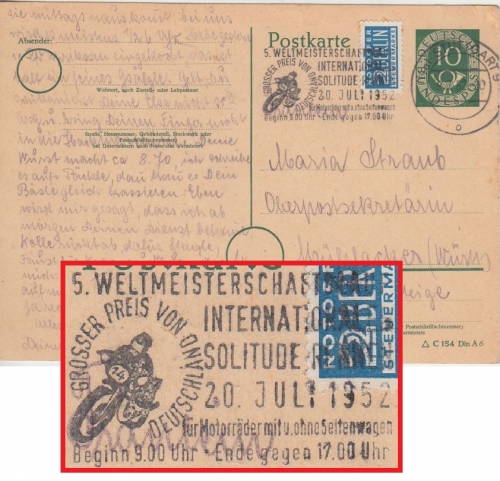 BRD - Stuttgart 9 1952 Masch.werbestpl. 5. WM Int. Solitude Rennen Ganzsache
