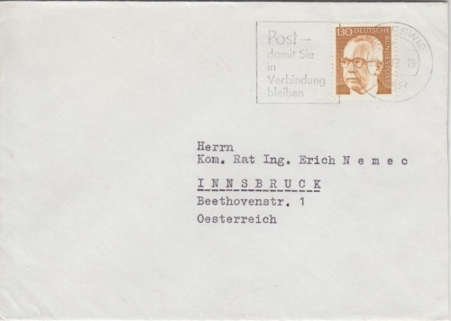 BRD - 130 Pfg. Heinemann Brief n. ÖSTERREICH Schleswig - Innsbruck 1972