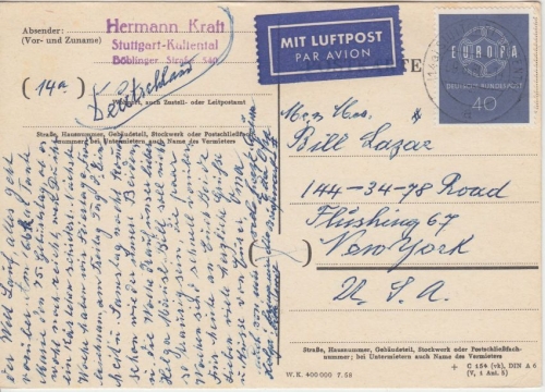 BRD - 40 Pfg. Europa Luftpostkarte n. USA Stuttgart - New York 1960