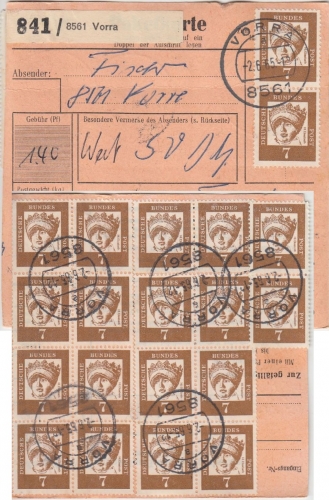 BRD - 20x7 Pfg. Bed. Deutsche Wertpaketkarte Vorra - Kleinromstedt/DDR 1965