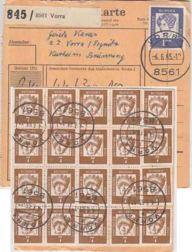 BRD - 1 M. + 20x7 Pfg. Bed. Deutsche Wertpaketkarte Vorra - Hamburg 1965