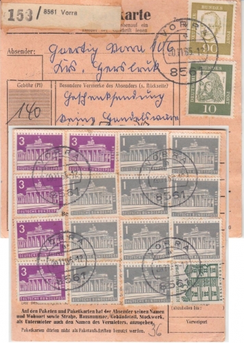 BRD - 90+10 Pfg Bed. Deutsche + Brandenburger Tor u.a. Wertpaketkarte Vorra 1965