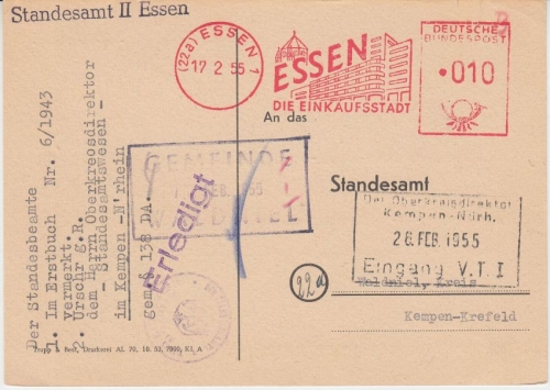 BRD - Essen 1955 "Die Einkaufsstadt" 10 Pfg. Absenderfreistempel Karte n. Kempen