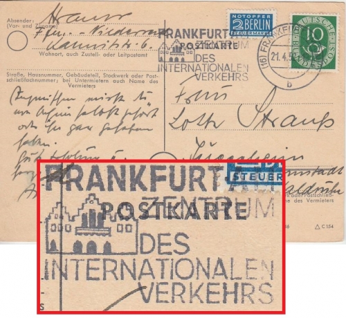 BRD - Frankfurt a/M 1952 Zentrum d. intern. Verkehrs Masch.werbestempel Karte n.