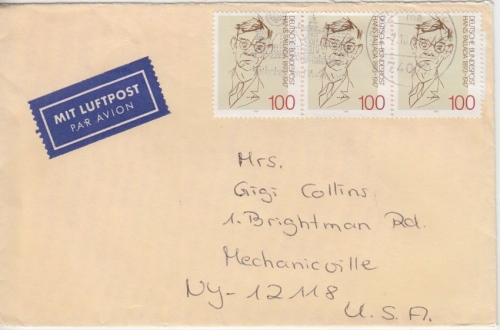 BRD - 3x100 Pfg. 100. Geb. Fallada Luftpostbrief n. USA Heilbronn 1993