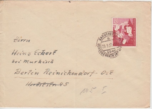 BRD - 20 Pfg. Bundesjugendplan Brief Bardenberg ü. Herzogenrath - Berlin 1952