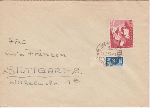 BRD - 20 Pfg. Bundesjugendplan Brief Bardenberg ü. Herzogenrath - Stuttgart 1953