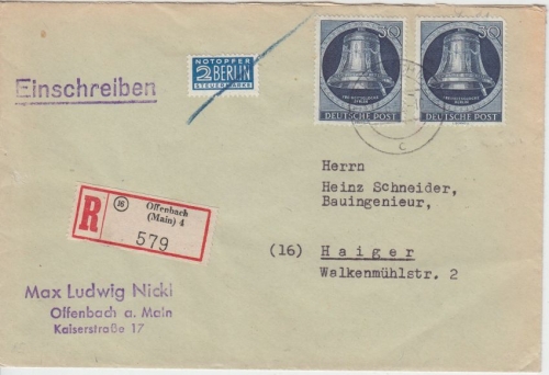Berlin - 2x30 Pfg. Glocke/rechts Einschreibebrief Offenbach a/M 4 - Haiger 1952