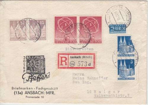 Berlin - 2x20 Pfg. ERP u.a. Einschreibebrief Ansbach - Haiger 1950