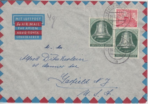 Berlin - 2x10 Pfg. Glocke/links u.a. Luftpostbrief n. USA Berlin-Halensee 1951