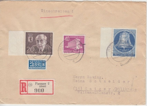 Berlin - 30 Pfg. Glocke/mitte u.a. Einschreibebrief Passau - Haiger 1954