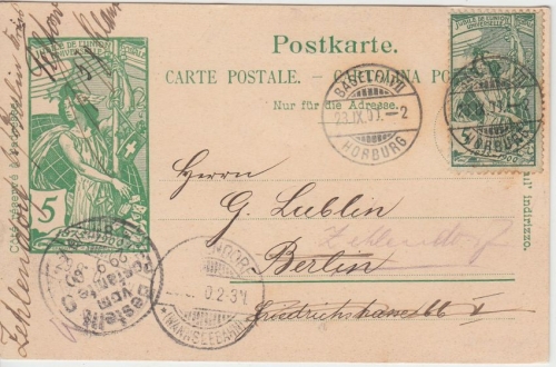 Schweiz - 5 C. Ganzsache 25 J. UPU + Zusatz Basel-Horburg Berlin Zehlendorf 1900