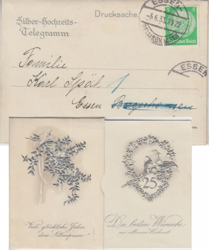 DR - 5 Pfg. Hindenburg Silber-Hochzeit-Telegramm Drucksache Essen 1933