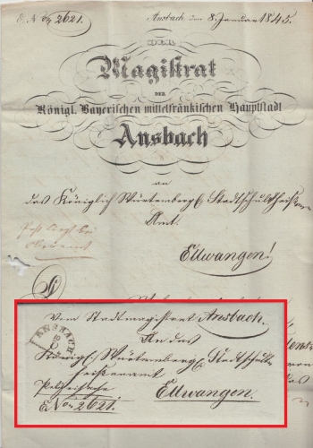 Bayern/Württemberg - Ansbach 10/1 HKS Dienstbrief (Briefkopf !) n Ellwangen 1845