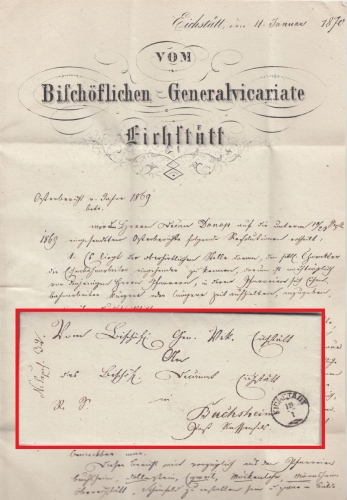 Bayern - Eichstädt 19/1 Zier-K1 Kirchensache (Briefkopf !) n. Buchsheim 1870