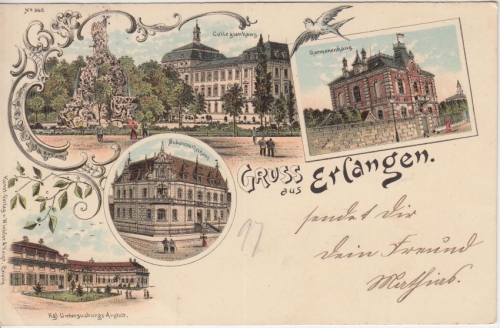 Bayern - Erlangen farb. Mehrbild-Litho (Bubenreutherhaus etc.) gelaufen 1897