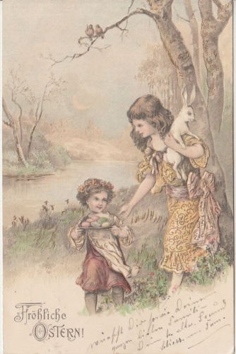 Ostern - Fröhliche Ostern farb. Prägekarte Hase Kinder gelaufen München 1905