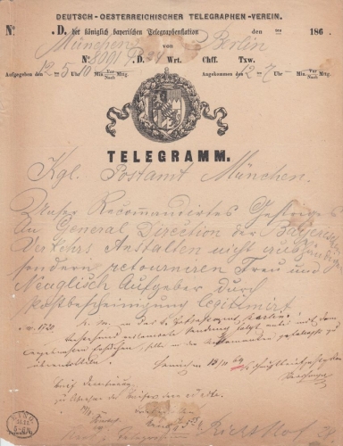 Bayern - Dt.-Österr. Telegraphen-Verein Telegramm Berlin - München 1869