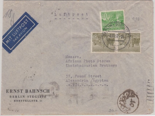 Berlin - 2x50+10 Pfg Bauten I Luftpostbrief n. ÄGYPTEN Steglitz Alexandriea 1952