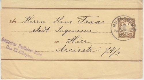 Bayern - 3 Pfg. Wappen Ganzsache Streifband Radfahrer-Bund München 1907