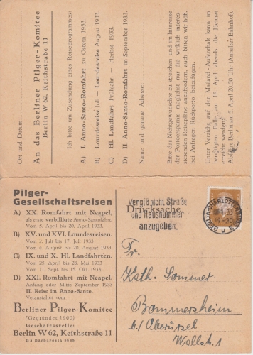 DR - 3 Pfg. Ebert Drucksache/Klappkarte (Pilgerreisen) Berlin 1933