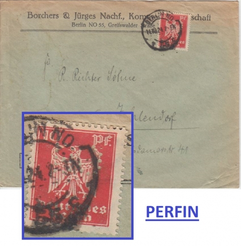 DR - 10 Pfg. Adler Perfin "BJ" Firmen-Ortsbrief Berlin NO55 - Zehlendorf 1924