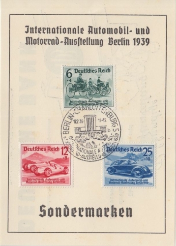 DR - Int. Automobil. u. Motorrad-Ausstellung Berlin 1939 Satz FDC Sonderblatt