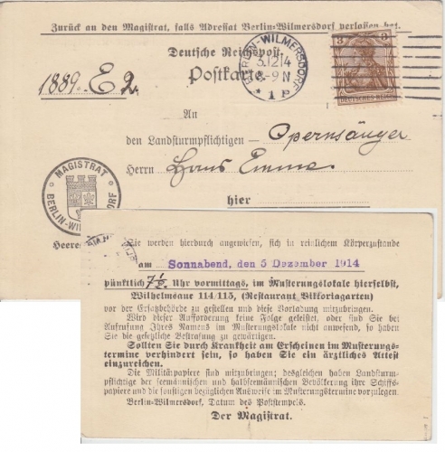 DR - 3 Pfg. Germania Drucksache/Musterungsbescheid Berlin-Wilmersdorf 1914