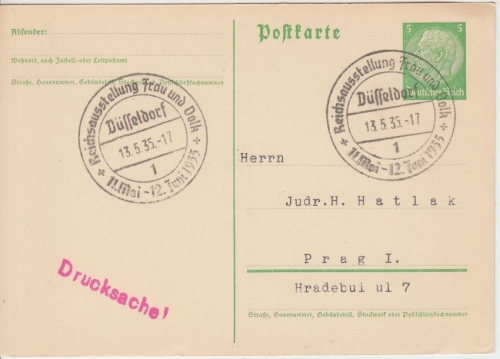 DR - Düsseldorf Reichsausstellung Frau u. Volk SST 1936 Ganzsache n. Prag