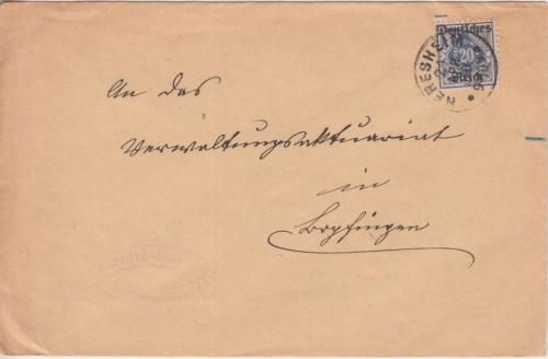 DR - 20 Pfg. Dienst/Württemberg Dienstbrief Neresheim - Bopfingen 21.4.20