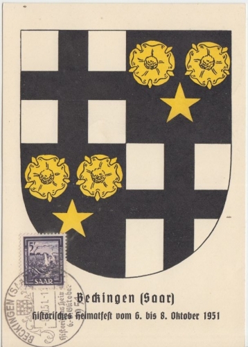 Saarland - Beckingen Hist. Heimatfest 6.-8.10.1951 Sonderkarte m. SST