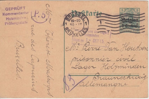 LP Belgien - 5 C./5 Pfg. Germania Ganzsache Kriegsgefangenenkarte Brüssel 1915