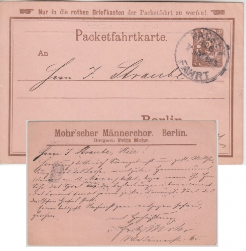 DR - Privatpost Berlin Packetfahrt 2 Pfg. Ganzsache Mohr'scher Männerchor 1896