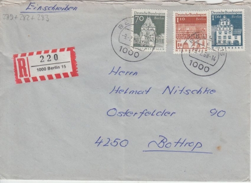 Berlin - 1,10+1 M + 70 Pfg. Bauwerke II Einschreibebrief n. Bottrop 1968