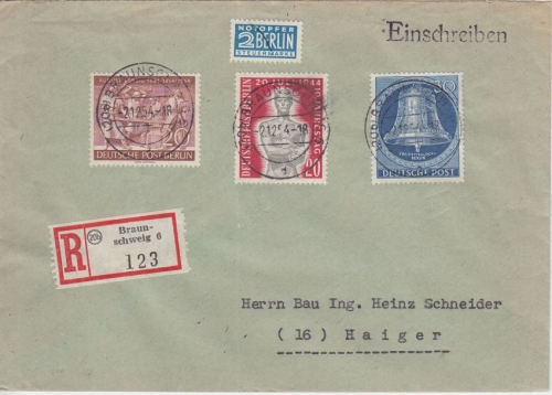 Berlin - 30 Pfg. Glocke mitte u.a. Einschreibebrief Braunschweig - Haiger 1954