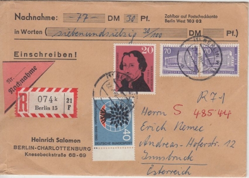Berlin - 2x70 Pfg. Stadtbilder ua. Nachnahme Einschreibebrief n. ÖSTERREICH 1960