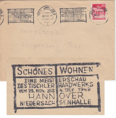 Bizone - Hannover 1949 "Schönes Wohnen Tischler-Handwerk" Msch.werbestpl. Brief