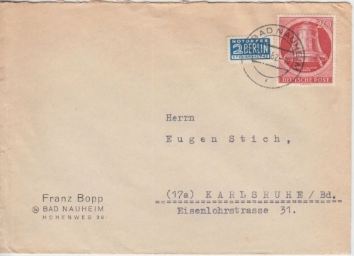 Berlin - 20 Pfg. Glocke rechts Brief Bad Nauheim - Karlsruhe 1952