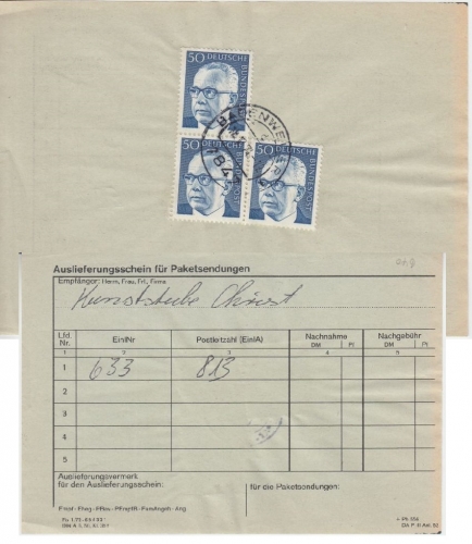 BRD - 3x50 Pfg. Heinemann Auslieferungsschein f. Paktete Badenweiler 1974