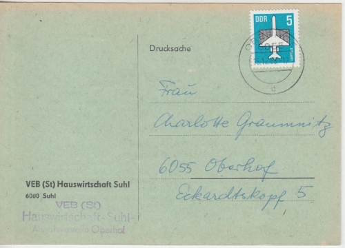 DDR - 5 Pfg. Flugpostmarke Drucksache Ortskarte Oberhof 1983